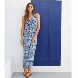 J Jill Sleeveless Maxi Dress Large Blue White Mosaic Tile Beach Resort Vacation